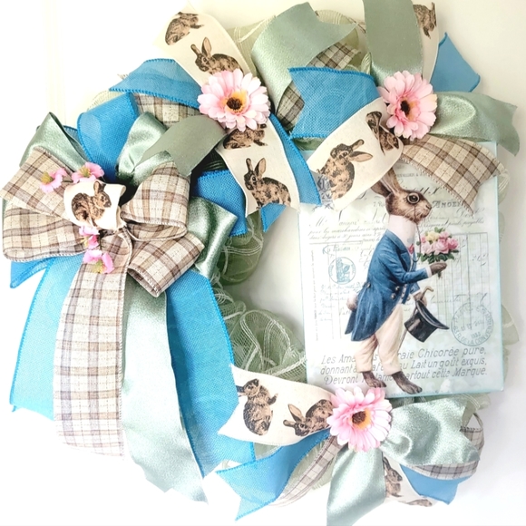 Hand Crafted Other - Victorian Gentleman Easter Bunny Wreath Rabbit Deco Mesh Bows Greens Blues Pinks